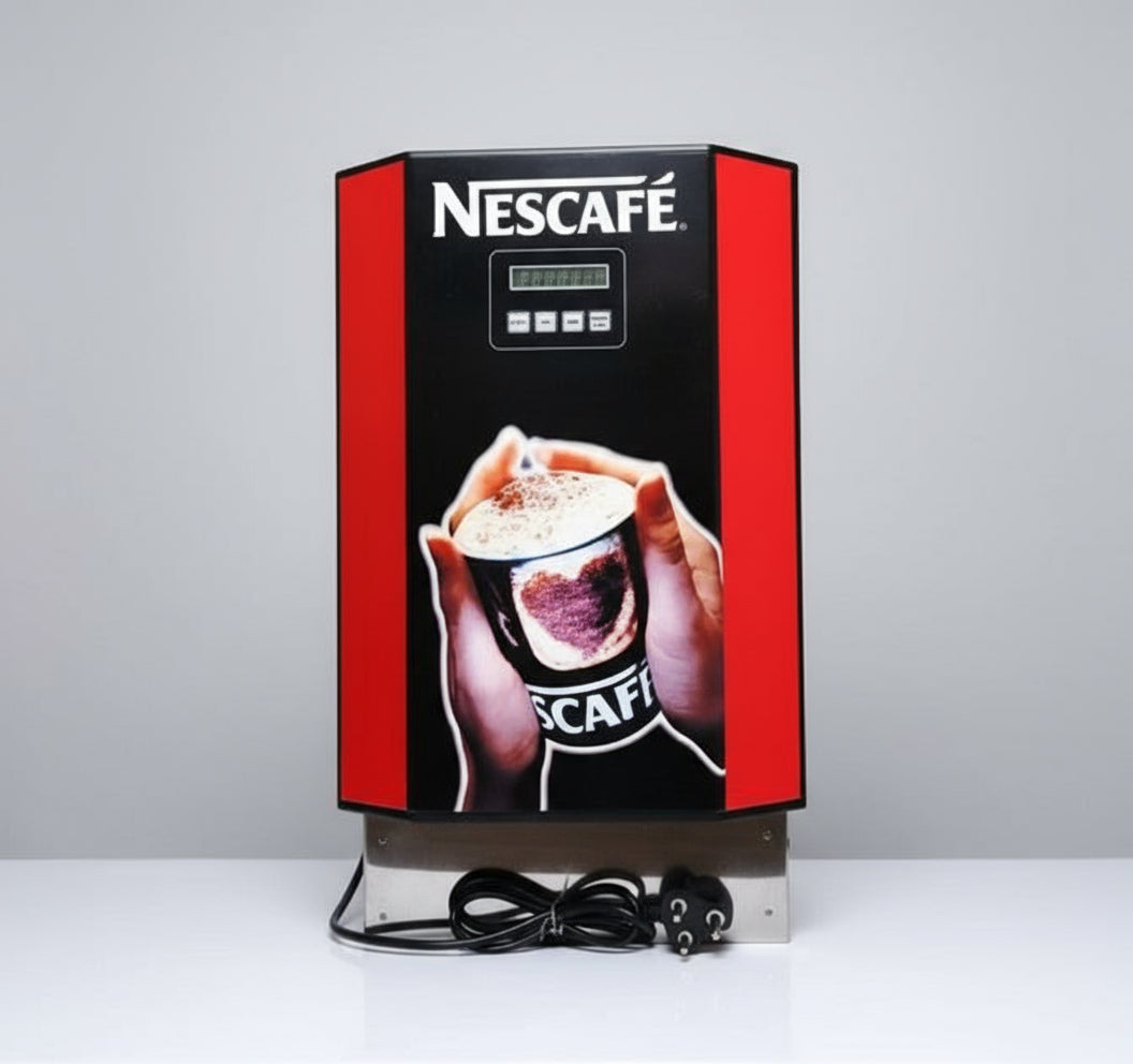 Nescafe 3 lane vending machine Delhi with digital display and red black design for tea and coffee vending