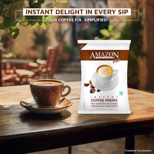 Amazon Plus coffee pack with a cup of coffee on a wooden table showing amazone plus coffee price and instant coffee premix