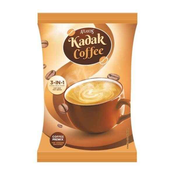 Packet of Atlantis Kadak Coffee 3in1 Premix with a cup of creamy coffee and coffee beans on the packaging