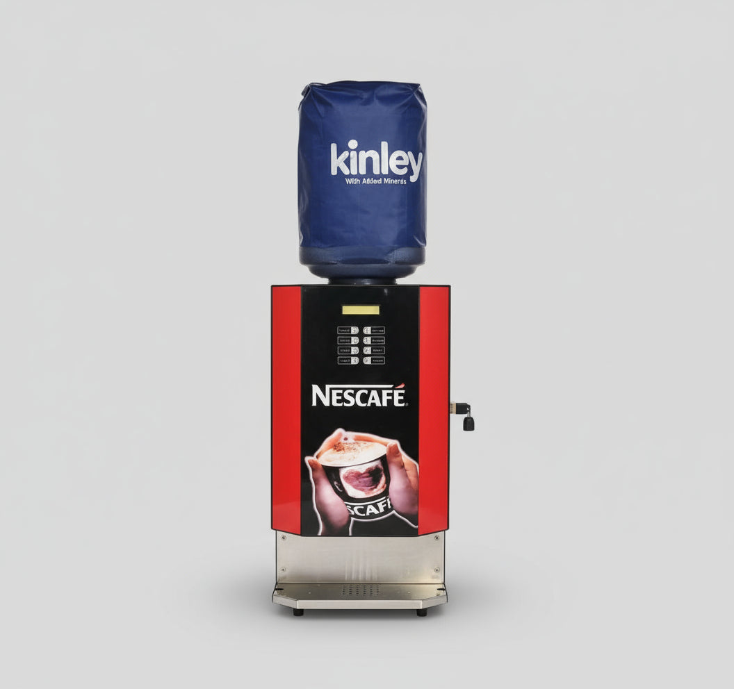 Nescafe coffee vending machine with Kinley water bottle highlighting nescafe 4 lane 8 option price