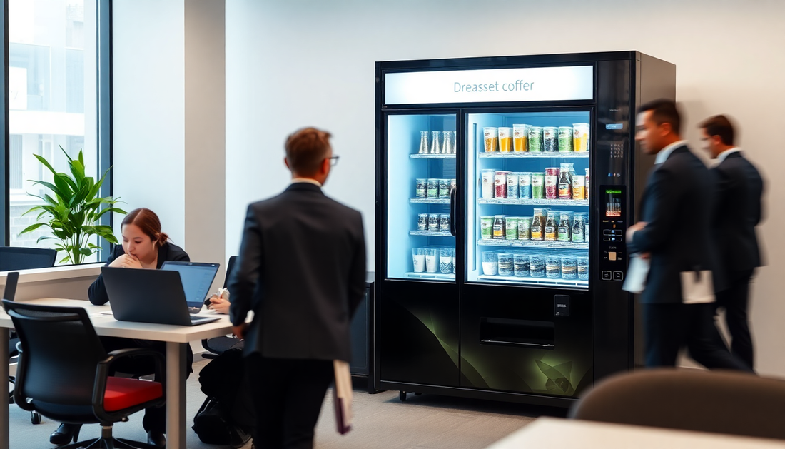 Modern office setting with a Tea Coffee Vending Machine Noida and professionals working and walking nearby