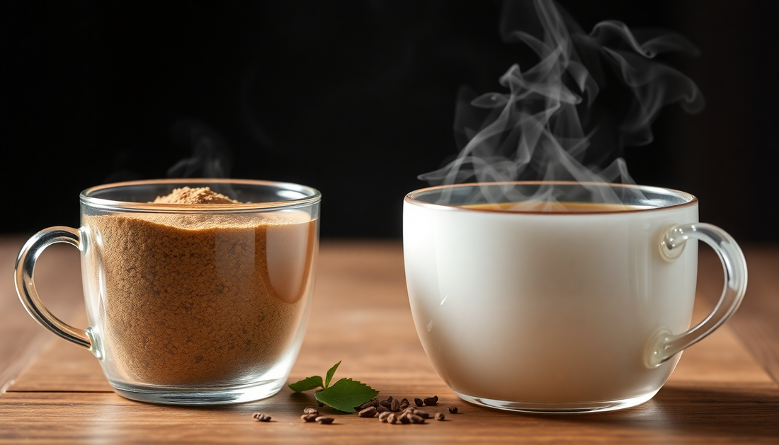 A cup of steaming tea beside a jar of tea premix powder