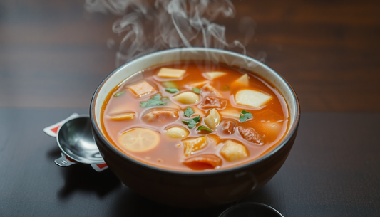 A steaming bowl of hot soup with premix packets