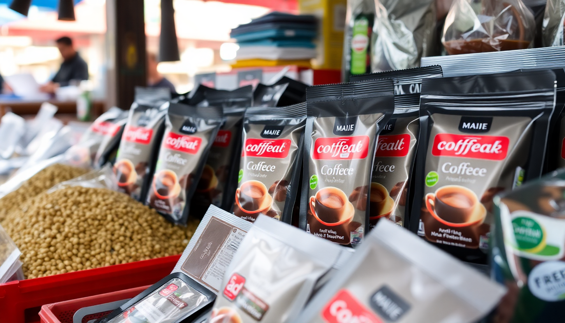 Fresh instant coffee premix packets on a market stall