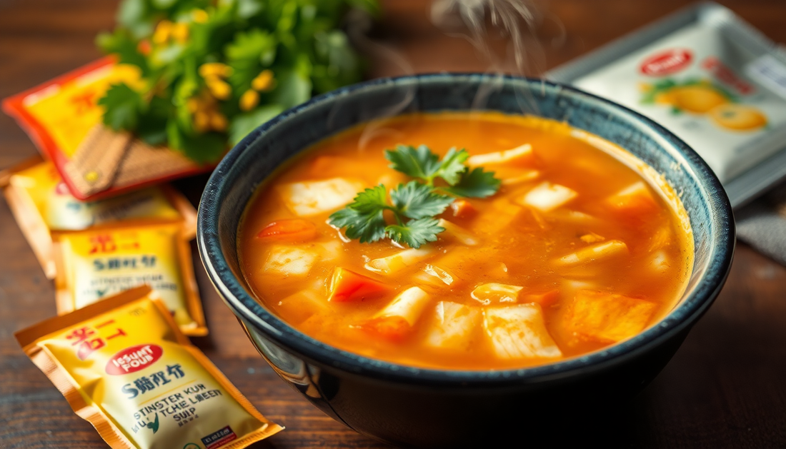 A bowl of steaming instant soup with powder packets nearby