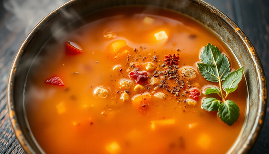 A steaming bowl of hot soup with spices
