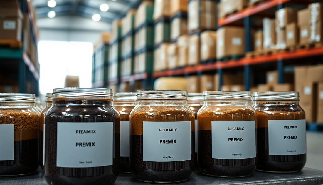 Coffee premix jars arranged in a supplier's warehouse