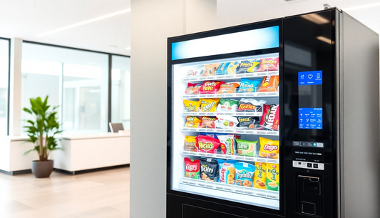 A modern vending machine dispensing snacks in an office