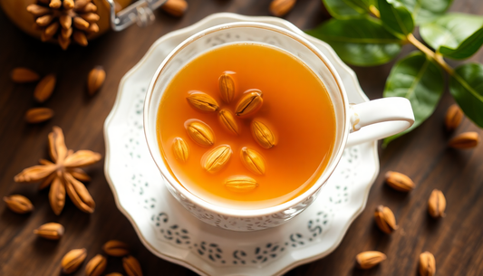 A cup of steaming elaichi tea with cardamom pods