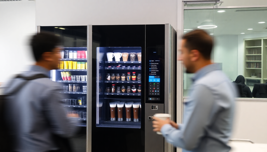 Two men using a coffee vending machine operated by Amazon Coffee Vending Service Noida in office lounge