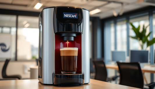 A Nescafe coffee machine brewing coffee in an office