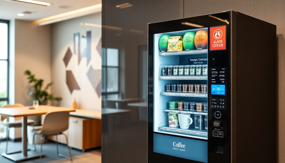 Modern vending machine serving coffee and tea in office