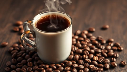 A steaming cup of instant coffee with coffee beans