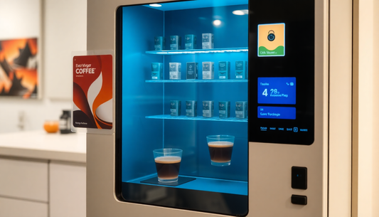 A modern vending machine dispensing coffee in NCR office