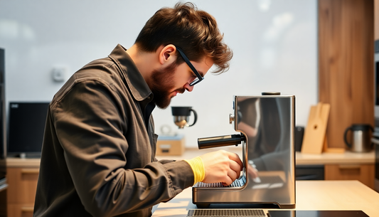 Technician repairing a coffee machine in a modern kitchen
