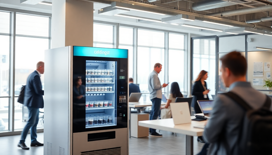 A modern coffee vending machine in a busy office