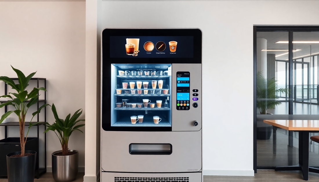 Modern coffee vending machine in office setting promoting office coffee machine services near me