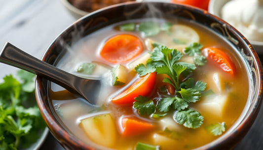 A bowl of steaming vegetable soup with fresh ingredients