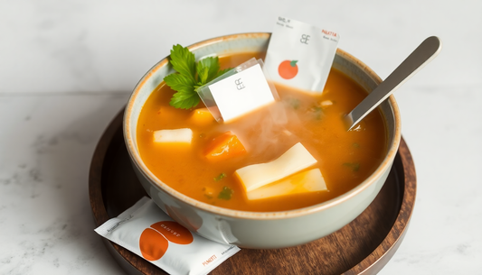 A bowl of steaming hot soup with soup powder packets