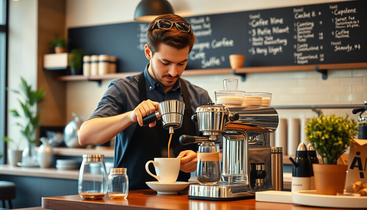 Barista preparing coffee premix in a cozy café