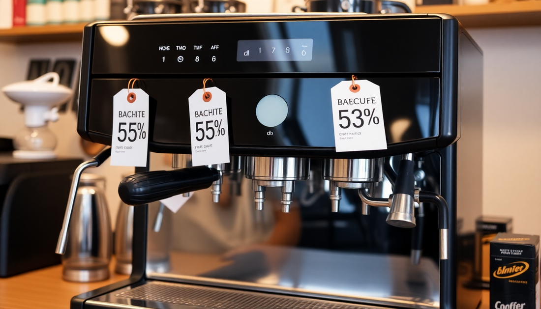 Modern coffee machine with discount tags highlighting Coffee Machine Offers Noida in a cafe setting