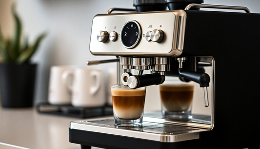 Modern espresso machine brewing coffee with clear glasses and promotion of Atlantis coffee machine discounts and deals