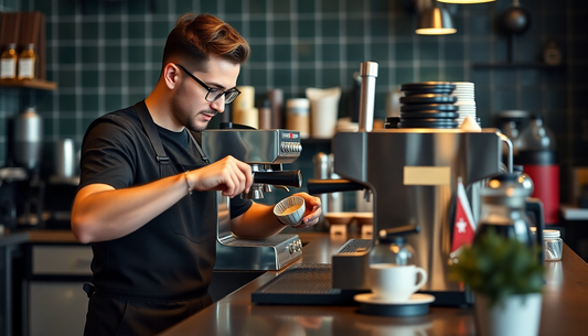Barista preparing coffee using a rented espresso machine