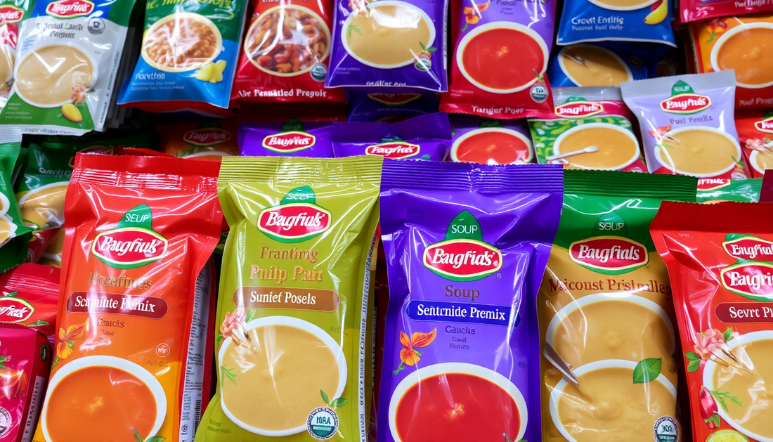 Various colorful soup premix packets displayed in Delhi market