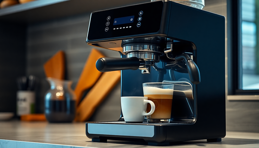 Modern espresso machine brewing coffee with cup on counter in kitchen for Amazon coffee makers online review