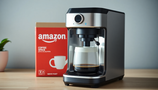Modern coffee maker brewing fresh coffee with Amazon box behind displaying Coffee Maker Free Shipping Amazon