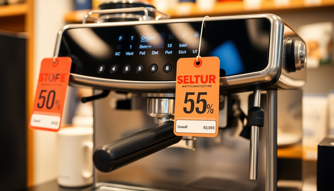 Modern coffee machine with discount tags showcasing offers on coffee premix Delhi NCR in a retail store