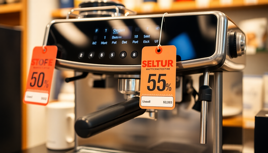 Modern coffee machine with discount tags showcasing offers on coffee premix Delhi NCR in a retail store
