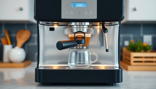 Modern coffee machine brewing espresso with glass cup in a contemporary kitchen setting