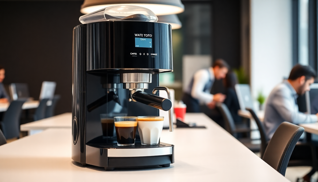 A modern coffee machine in a busy office setting