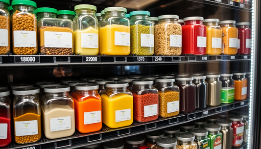 Rows of vending machine premix containers on shelves