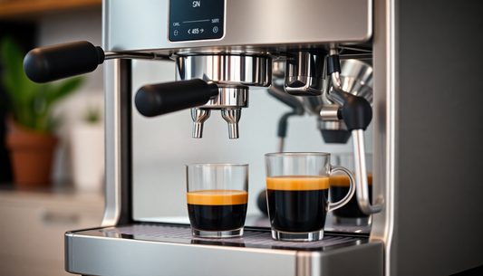 Modern Amazon Coffee Machine brewing two fresh espresso shots in a home kitchen setting