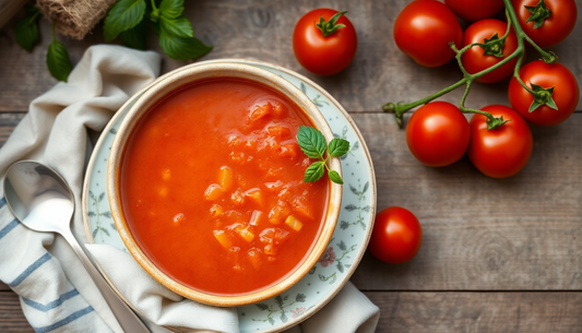 A bowl of rich tomato soup with fresh tomatoes