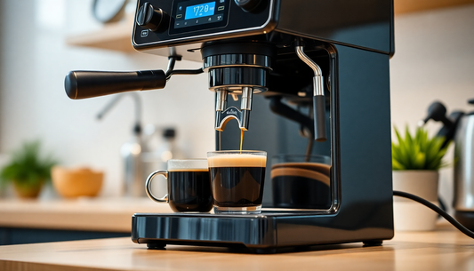 Black espresso coffee machine brewing two cups of coffee showcasing the best coffee machines in Noida