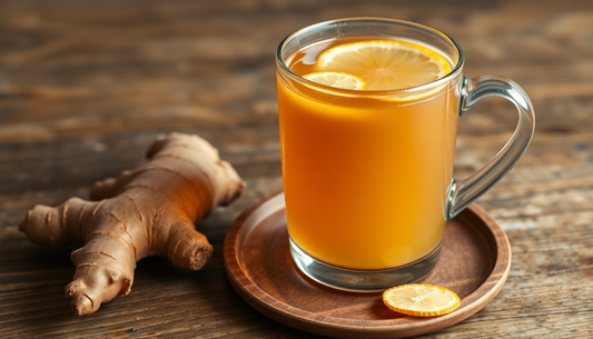 A steaming cup of ginger tea with fresh ginger roots