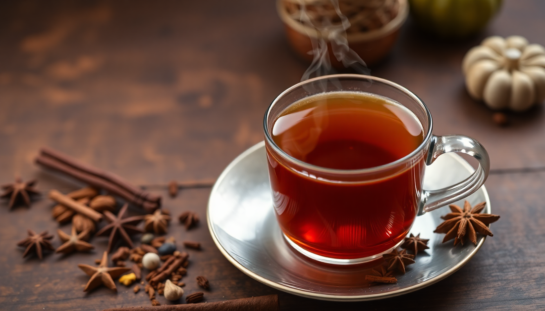 A steaming cup of masala tea with spices