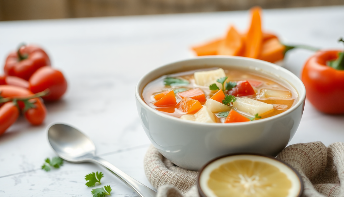 A bowl of steaming low calorie soup with fresh vegetables