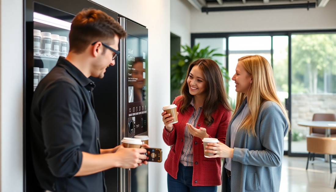 Office employees enjoying coffee from a vending machine