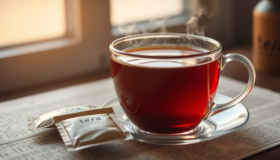 A steaming cup of tea with tea premix packets