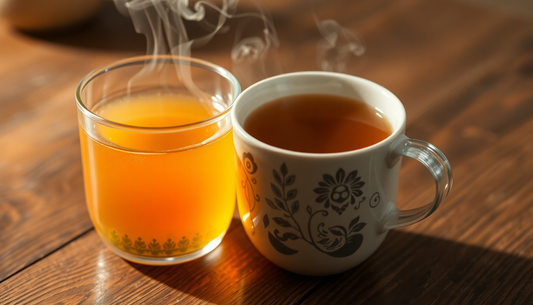 A steaming cup of instant tea premix on a wooden table