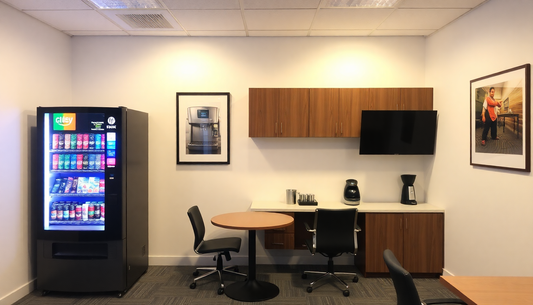 Office break room with coffee vending machine