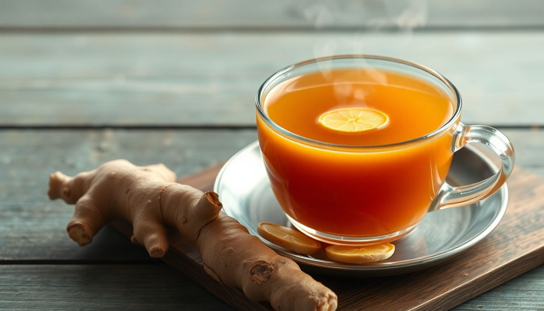 A steaming cup of ginger tea with fresh ginger roots