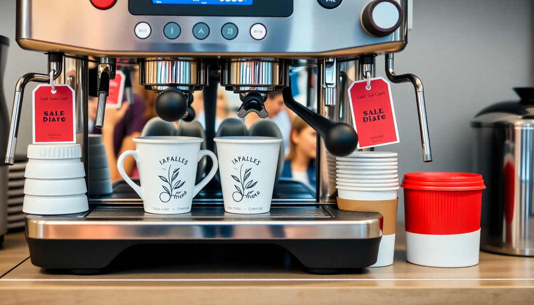 Modern tea coffee vending machine India brewing fresh coffee with white cups on wood counter