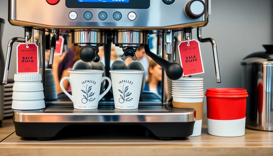 Modern tea coffee vending machine India brewing fresh coffee with white cups on wood counter