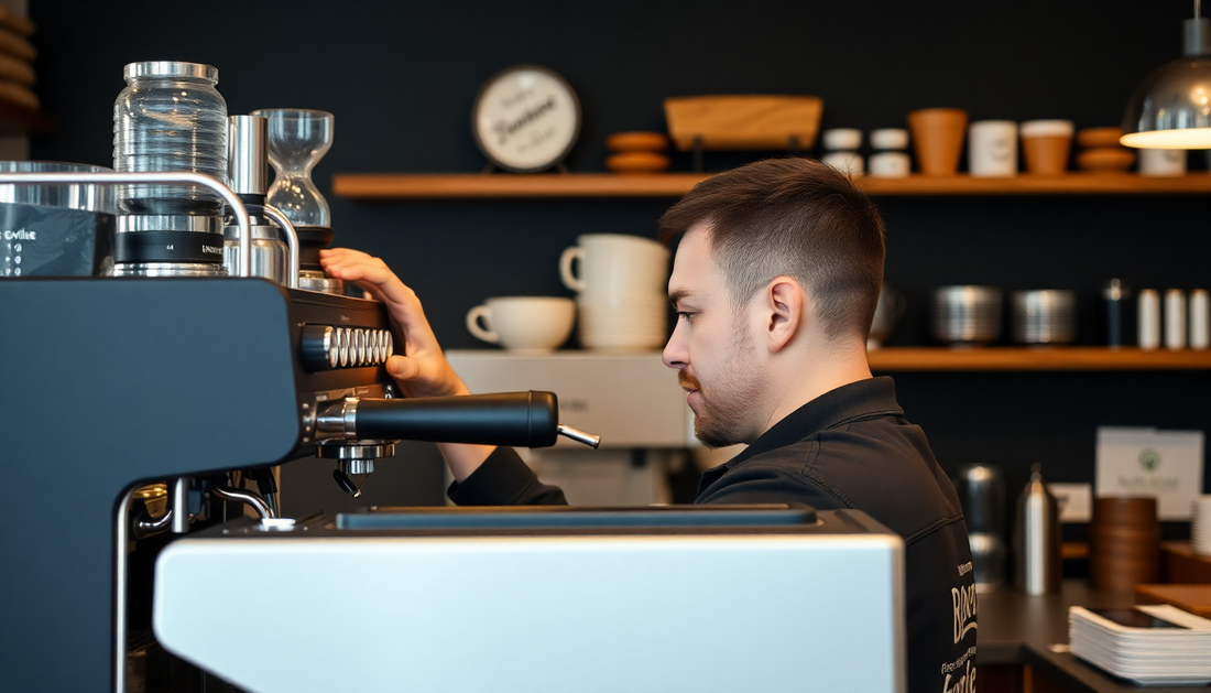 A technician servicing a coffee machine in a café