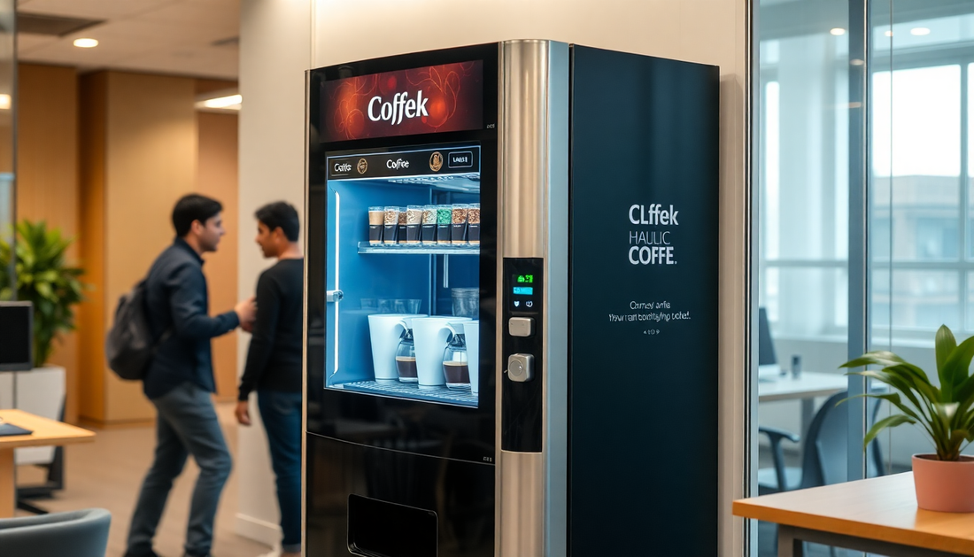 A modern coffee vending machine in a busy Noida office